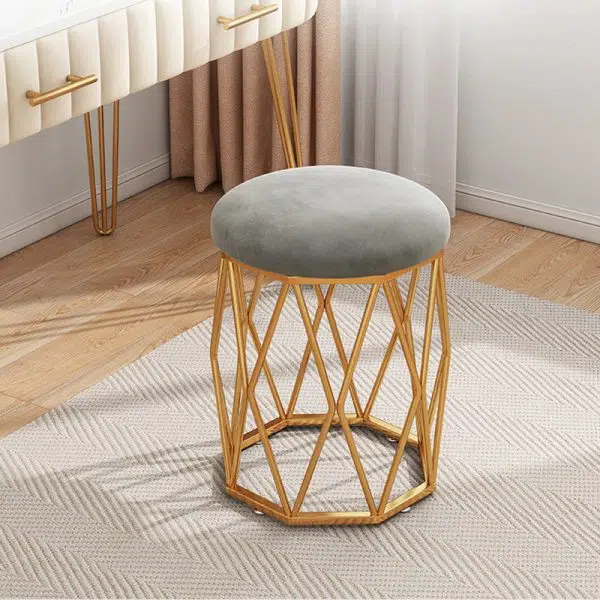 Contemporary Nordic Iron Velvet & Tech Fabric Round Vanity Stool With Diamond Legs For Bedroom - Image 9