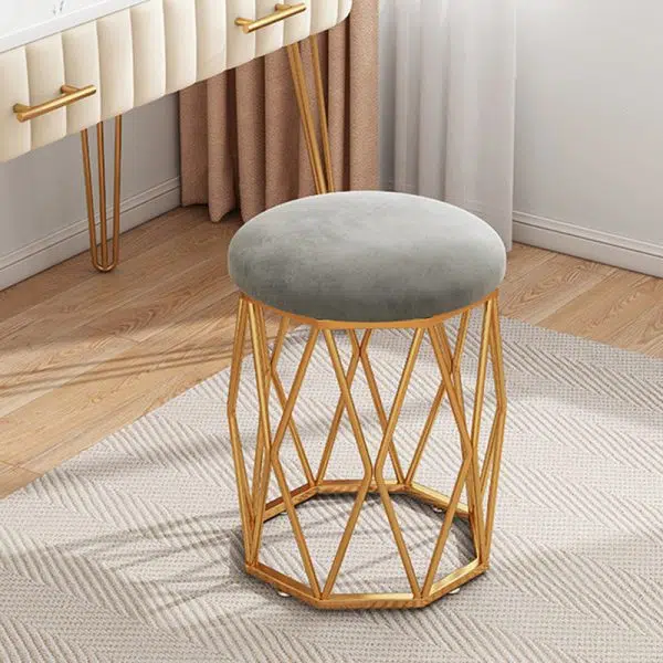 Contemporary Nordic Iron Velvet & Tech Fabric Round Vanity Stool With Diamond Legs For Bedroom - Image 10
