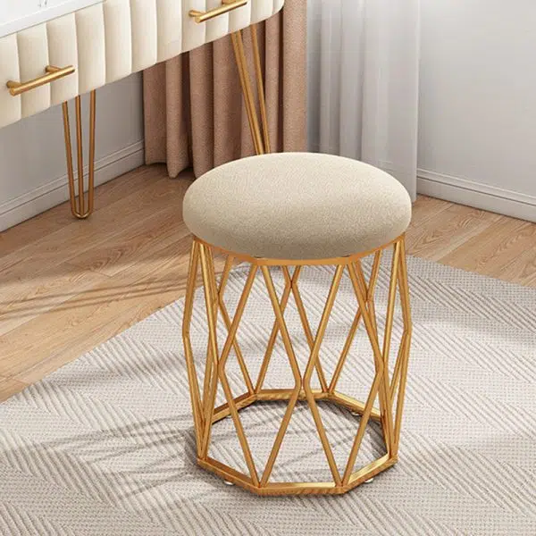 Contemporary Nordic Iron Velvet & Tech Fabric Round Vanity Stool With Diamond Legs For Bedroom - Image 11