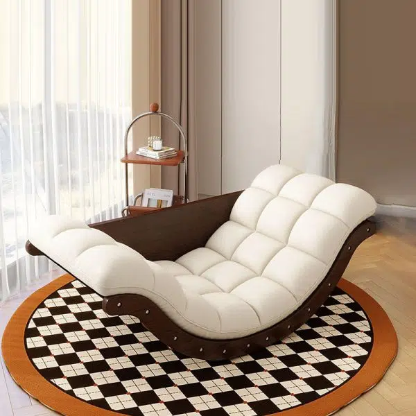 Contemporary Nordic Leather Cotton-Linen & Wood Moon Boat Rocking Chair Recliner With Backrest For Living Room & Bedroom - Image 2