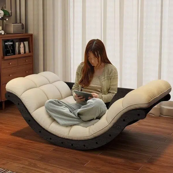 Contemporary Nordic Leather Cotton-Linen & Wood Moon Boat Rocking Chair Recliner With Backrest For Living Room & Bedroom - Image 9