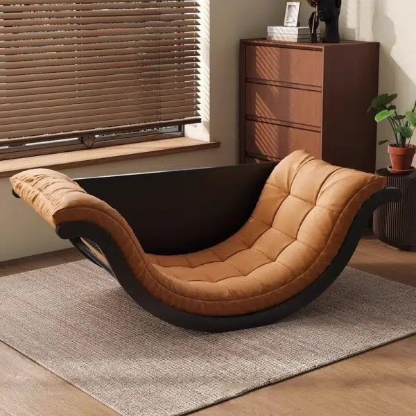 Contemporary Nordic Leather Cotton-Linen & Wood Moon Boat Rocking Chair Recliner With Backrest For Living Room & Bedroom - Image 7