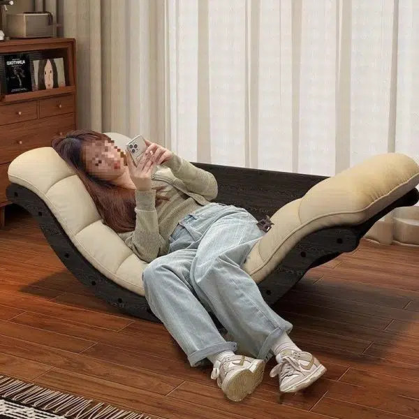 Contemporary Nordic Leather Cotton-Linen & Wood Moon Boat Rocking Chair Recliner With Backrest For Living Room & Bedroom - Image 11