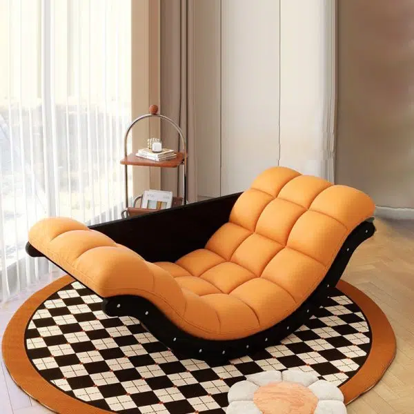 Contemporary Nordic Leather Cotton-Linen & Wood Moon Boat Rocking Chair Recliner With Backrest For Living Room & Bedroom - Image 3