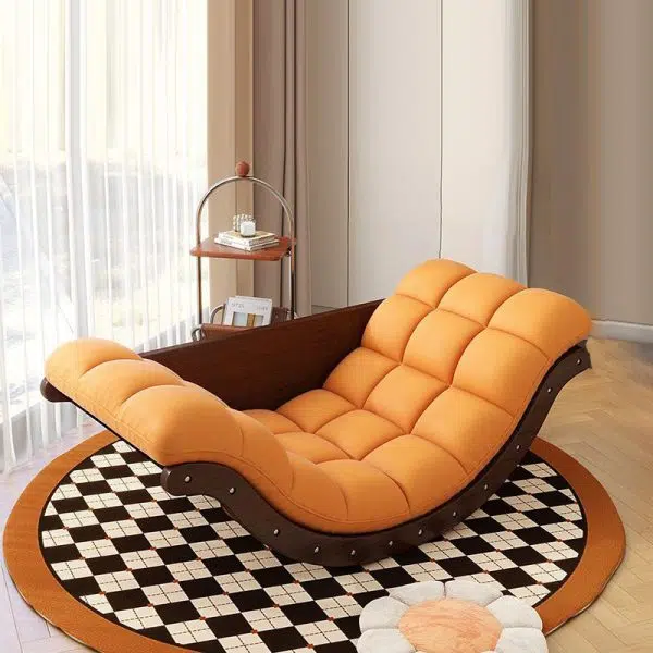 Contemporary Nordic Leather Cotton-Linen & Wood Moon Boat Rocking Chair Recliner With Backrest For Living Room & Bedroom - Image 4