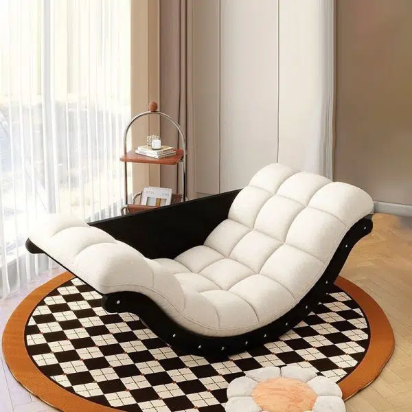 Contemporary Nordic Leather Cotton-Linen & Wood Moon Boat Rocking Chair Recliner With Backrest For Living Room & Bedroom - Image 5