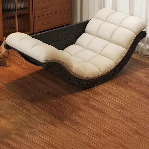 Contemporary Nordic Leather Cotton-Linen & Wood Moon Boat Rocking Chair Recliner With Backrest For Living Room & Bedroom - Image 13