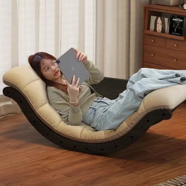 Contemporary Nordic Leather Cotton-Linen & Wood Moon Boat Rocking Chair Recliner With Backrest For Living Room & Bedroom - Image 10