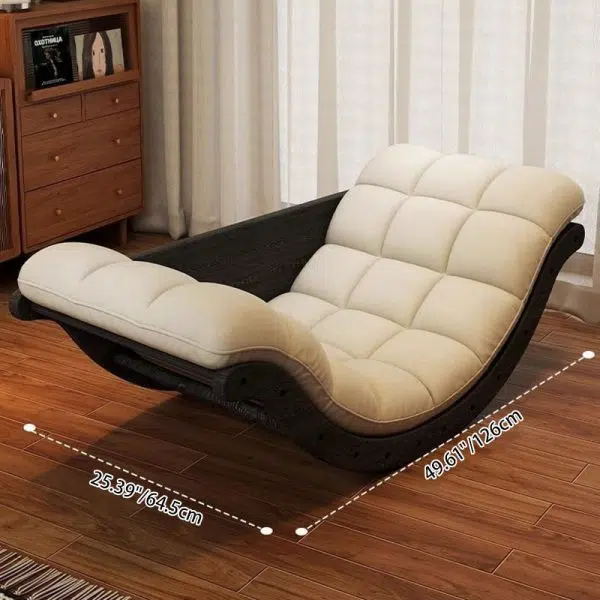 Contemporary Nordic Leather Cotton-Linen & Wood Moon Boat Rocking Chair Recliner With Backrest For Living Room & Bedroom - Image 6