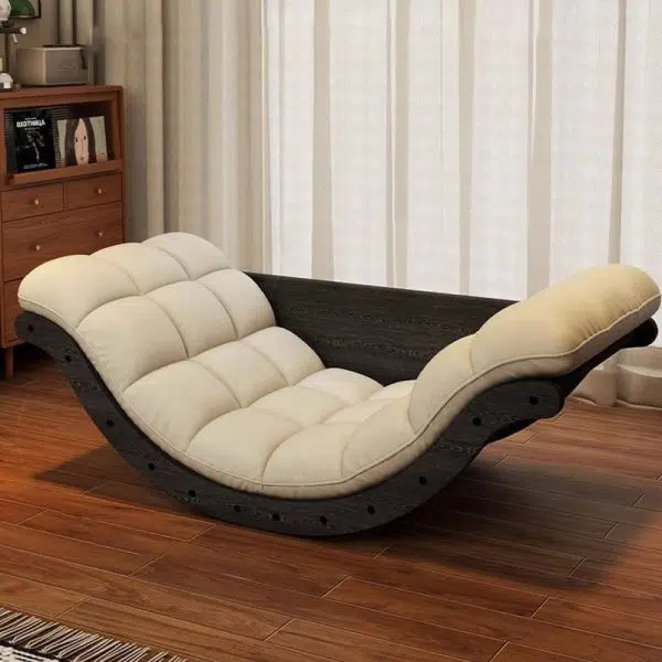 Contemporary Nordic Leather Cotton-Linen & Wood Moon Boat Rocking Chair Recliner With Backrest For Living Room & Bedroom - Image 12