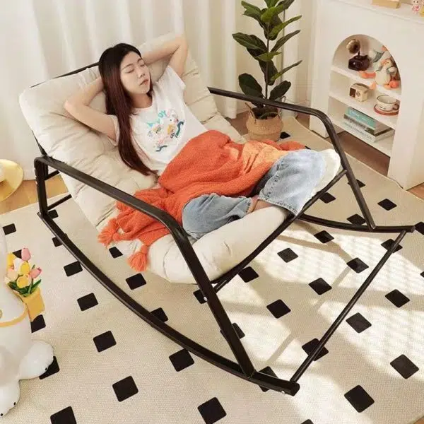 Contemporary Nordic Tech Fabric & Carbon Steel Moon Rocking Chair With Backrest & Armrests For Living Room & Bedroom - Image 12