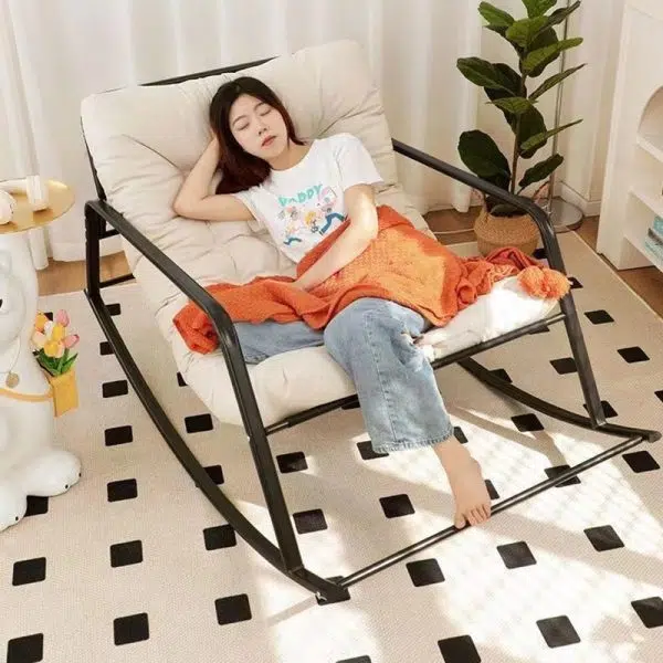 Contemporary Nordic Tech Fabric & Carbon Steel Moon Rocking Chair With Backrest & Armrests For Living Room & Bedroom - Image 10