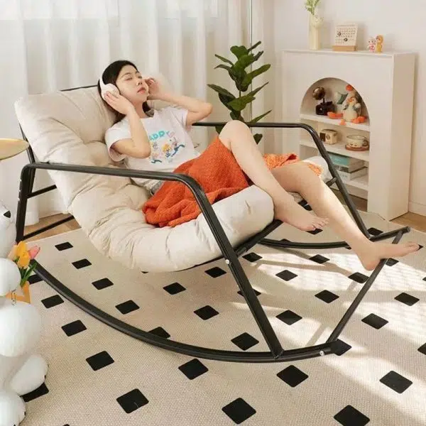 Contemporary Nordic Tech Fabric & Carbon Steel Moon Rocking Chair With Backrest & Armrests For Living Room & Bedroom - Image 11