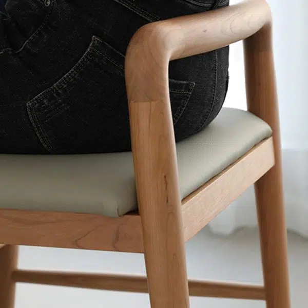 Contemporary Nordic Oak Leather Square Vanity Stool With Backrest & Footrest For Bedroom & Dining Room - Image 10