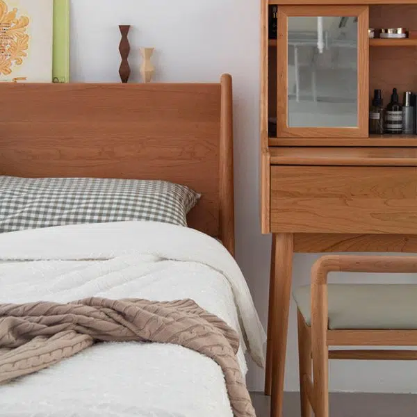 Contemporary Nordic Oak Leather Square Vanity Stool With Backrest & Footrest For Bedroom & Dining Room - Image 15