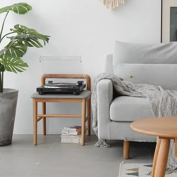 Contemporary Nordic Oak Leather Square Vanity Stool With Backrest & Footrest For Bedroom & Dining Room - Image 6