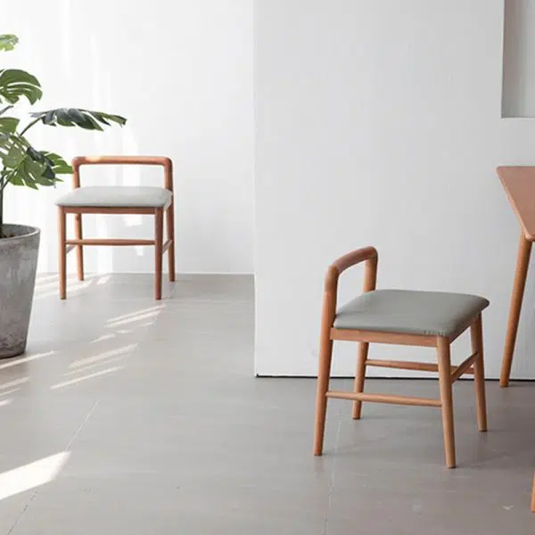 Contemporary Nordic Oak Leather Square Vanity Stool With Backrest & Footrest For Bedroom & Dining Room - Image 3