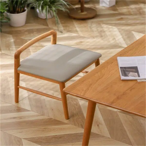 Contemporary Nordic Oak Leather Square Vanity Stool With Backrest & Footrest For Bedroom & Dining Room - Image 16