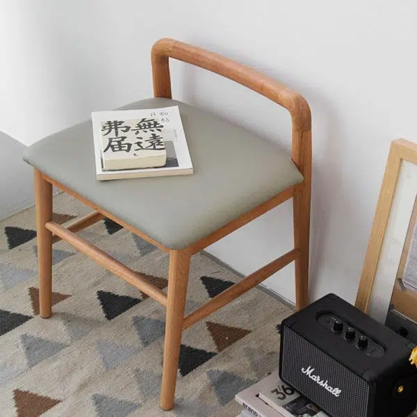 Contemporary Nordic Oak Leather Square Vanity Stool With Backrest & Footrest For Bedroom & Dining Room - Image 2