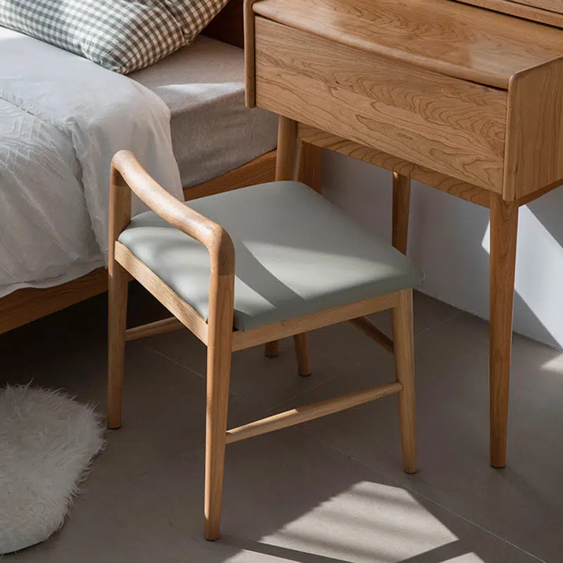 BS-Chair-BX03017-3.jpg Contemporary Nordic Oak Leather Square Vanity Stool With Backrest & Footrest For Bedroom & Dining Room - Image 1