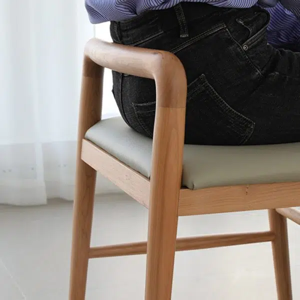 Contemporary Nordic Oak Leather Square Vanity Stool With Backrest & Footrest For Bedroom & Dining Room - Image 11