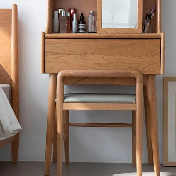 Contemporary Nordic Oak Leather Square Vanity Stool With Backrest & Footrest For Bedroom & Dining Room - Image 14