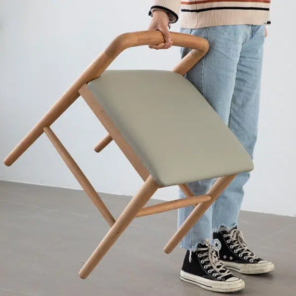 Contemporary Nordic Oak Leather Square Vanity Stool With Backrest & Footrest For Bedroom & Dining Room - Image 13