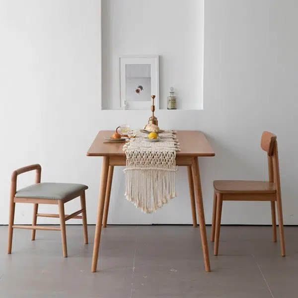 Contemporary Nordic Oak Leather Square Vanity Stool With Backrest & Footrest For Bedroom & Dining Room - Image 5