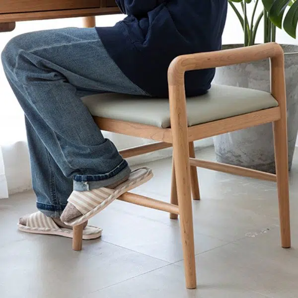 Contemporary Nordic Oak Leather Square Vanity Stool With Backrest & Footrest For Bedroom & Dining Room - Image 12