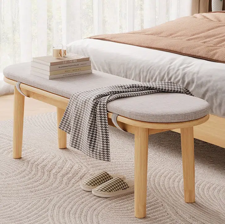 BS-Chair-BX03028-1-dcd42f3a-1253-41db-9a35-b29dcf5d2e5c.jpg Contemporary Nordic Rubberwood Fabric Oval Bench With Cushion For Bedroom & Entryway - Image 1