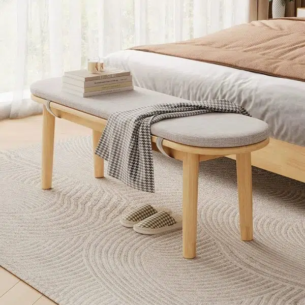 Contemporary Nordic Rubberwood Fabric Oval Bench With Cushion For Bedroom & Entryway - Image 5