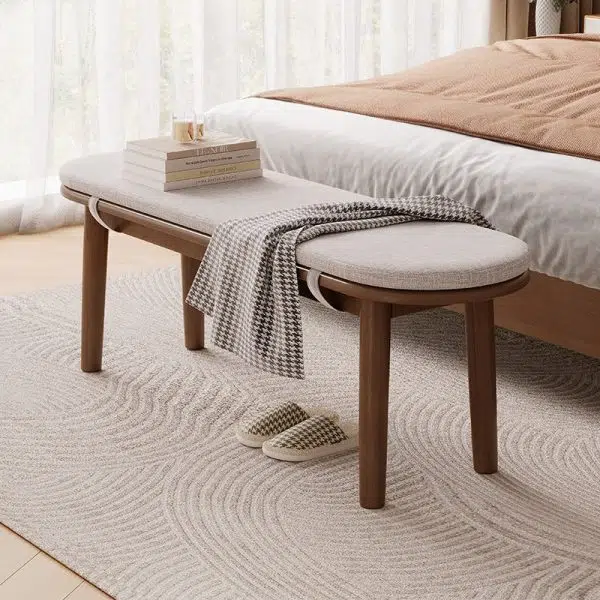 Contemporary Nordic Rubberwood Fabric Oval Bench With Cushion For Bedroom & Entryway - Image 4