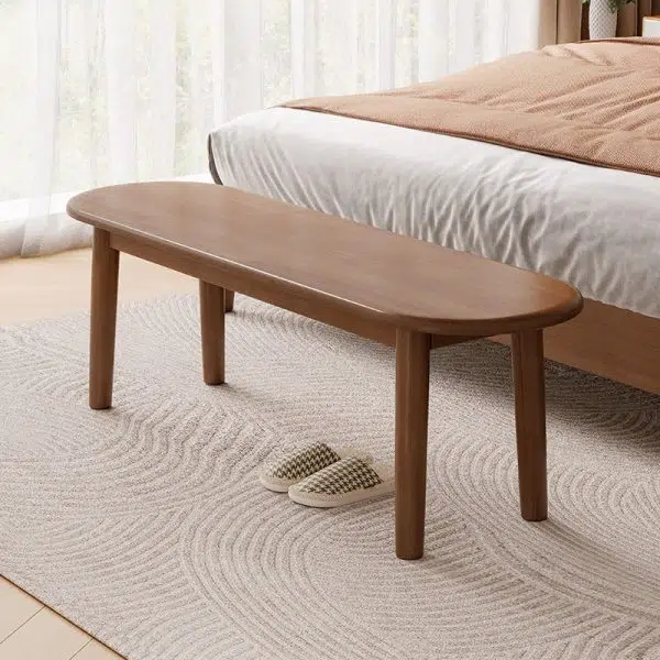 Contemporary Nordic Rubberwood Fabric Oval Bench With Cushion For Bedroom & Entryway - Image 2