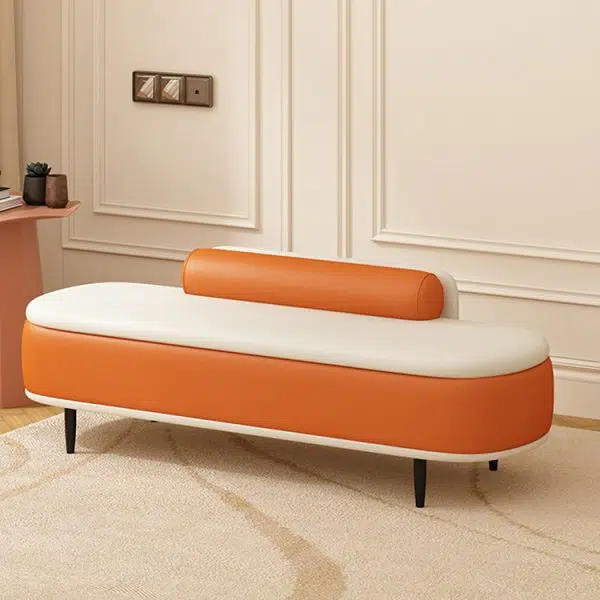 Contemporary Nordic Leather Wood Carbon Steel Oval Storage Bench With Backrest For Bedroom & Entryway - Image 5