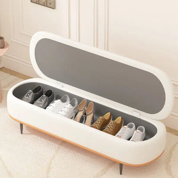 Contemporary Nordic Leather Wood Carbon Steel Oval Storage Bench With Backrest For Bedroom & Entryway - Image 15