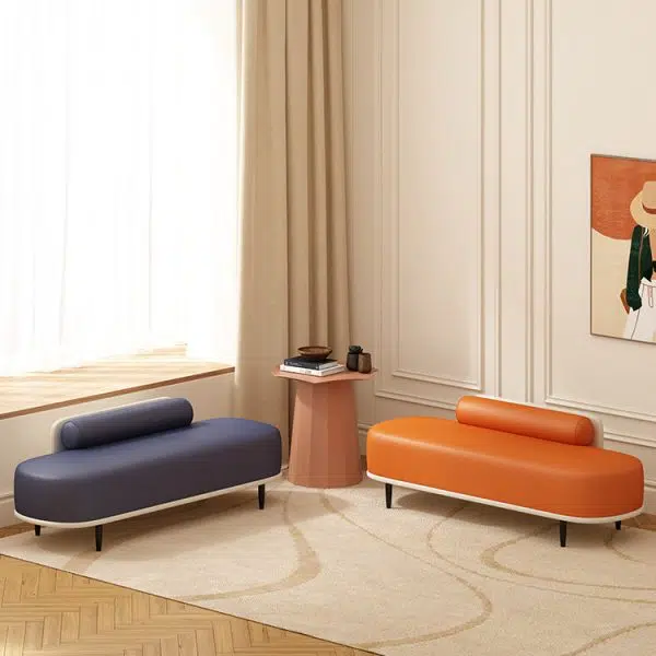 Contemporary Nordic Leather Wood Carbon Steel Oval Storage Bench With Backrest For Bedroom & Entryway - Image 20