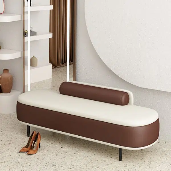 Contemporary Nordic Leather Wood Carbon Steel Oval Storage Bench With Backrest For Bedroom & Entryway - Image 26