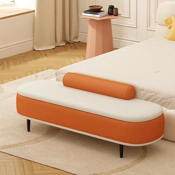 Contemporary Nordic Leather Wood Carbon Steel Oval Storage Bench With Backrest For Bedroom & Entryway - Image 27