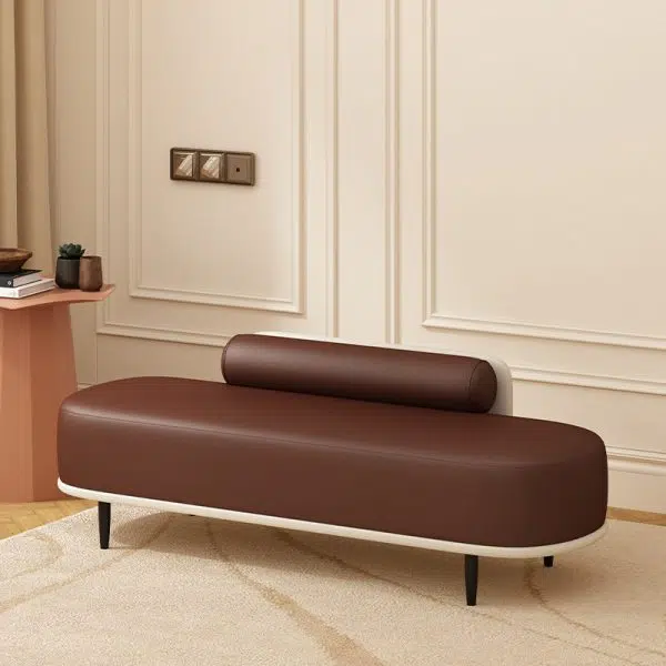 Contemporary Nordic Leather Wood Carbon Steel Oval Storage Bench With Backrest For Bedroom & Entryway - Image 3