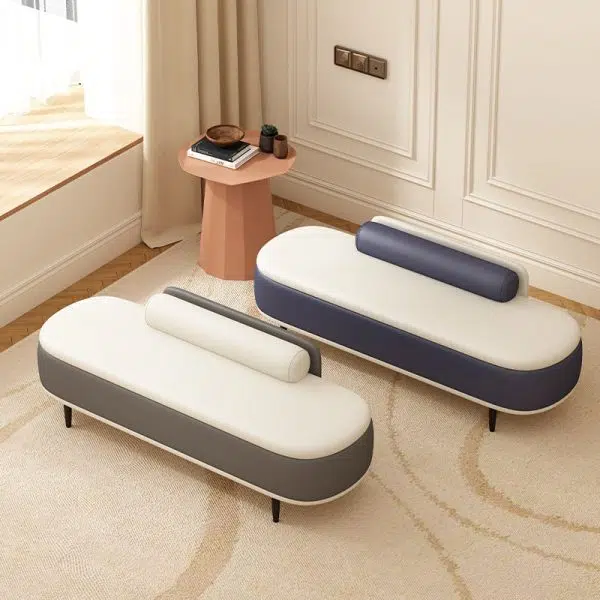 Contemporary Nordic Leather Wood Carbon Steel Oval Storage Bench With Backrest For Bedroom & Entryway - Image 2