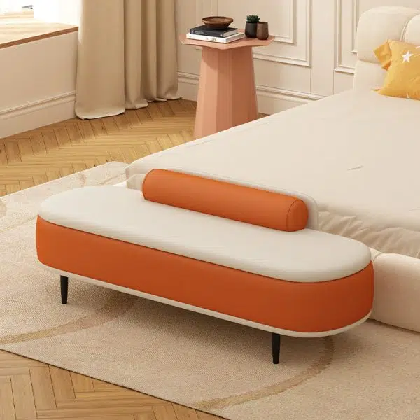 Contemporary Nordic Leather Wood Carbon Steel Oval Storage Bench With Backrest For Bedroom & Entryway - Image 32