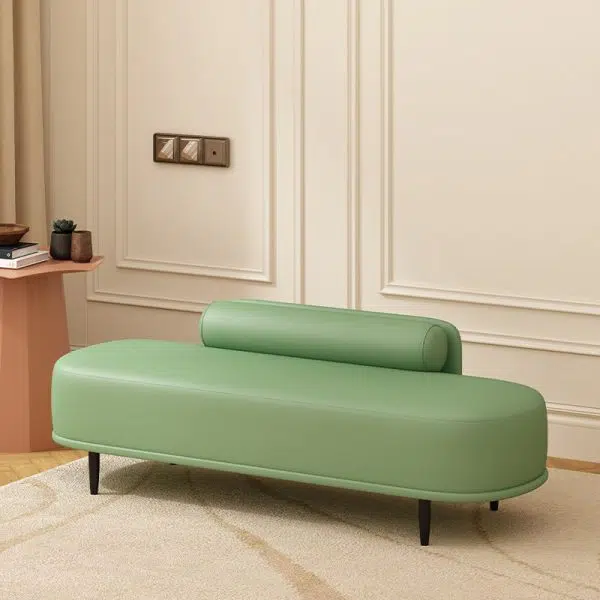 Contemporary Nordic Leather Wood Carbon Steel Oval Storage Bench With Backrest For Bedroom & Entryway - Image 6