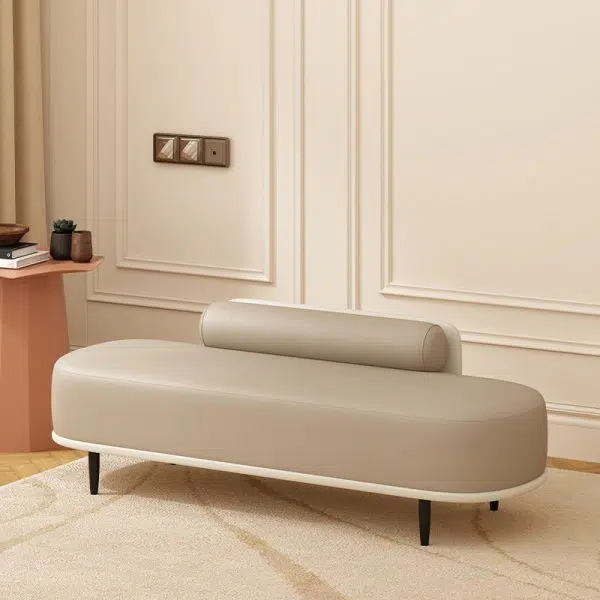 Contemporary Nordic Leather Wood Carbon Steel Oval Storage Bench With Backrest For Bedroom & Entryway - Image 4