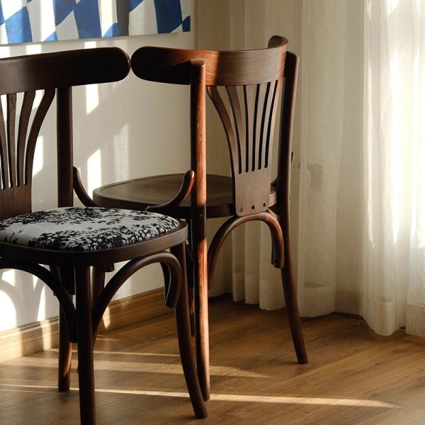 Contemporary Retro Beech Wood Fabric Rattan Leather Seat Round Curved Dining Chair Backrest For Dining Room - Image 11