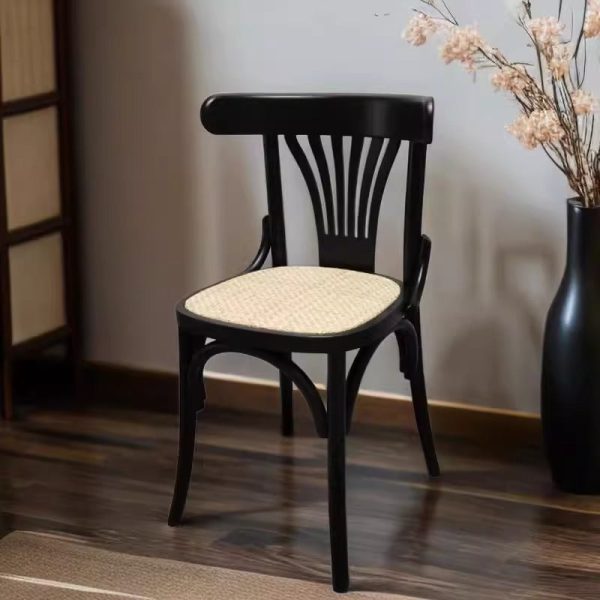 Contemporary Retro Beech Wood Fabric Rattan Leather Seat Round Curved Dining Chair Backrest For Dining Room - Image 5