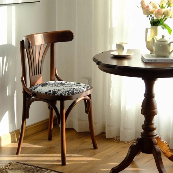 Contemporary Retro Beech Wood Fabric Rattan Leather Seat Round Curved Dining Chair Backrest For Dining Room - Image 2