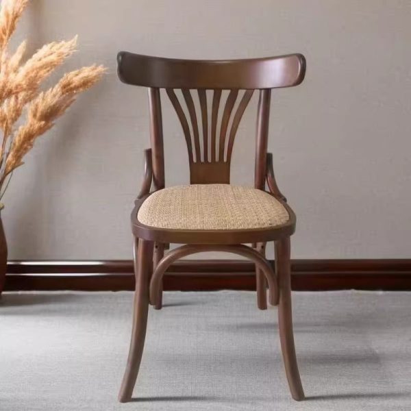 Contemporary Retro Beech Wood Fabric Rattan Leather Seat Round Curved Dining Chair Backrest For Dining Room - Image 14