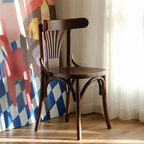 Contemporary Retro Beech Wood Fabric Rattan Leather Seat Round Curved Dining Chair Backrest For Dining Room - Image 4