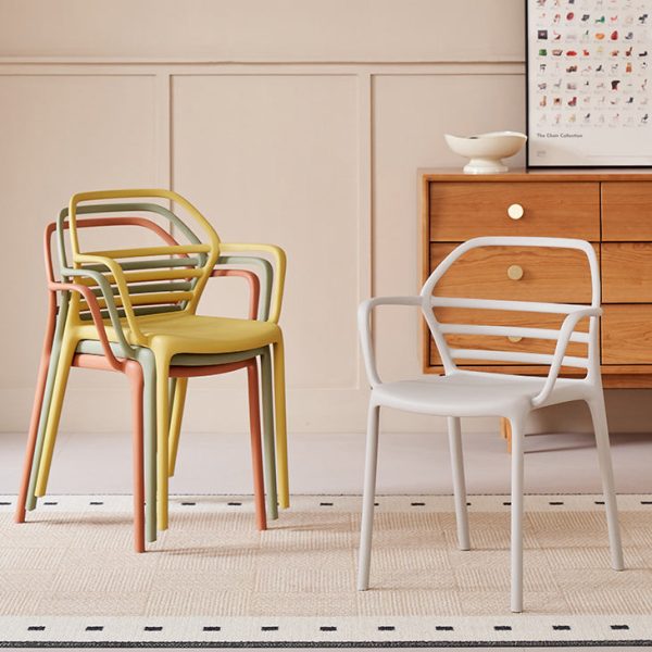 Contemporary Nordic PE Square Curved Geometric Line Dining Chair With Backrest And Armrests For Dining Room - Image 2