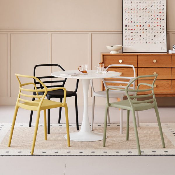 Contemporary Nordic PE Square Curved Geometric Line Dining Chair With Backrest And Armrests For Dining Room - Image 21